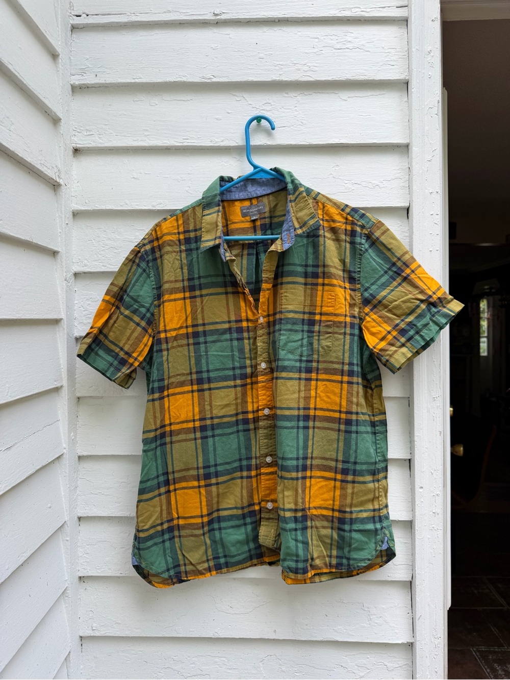 L.L. Bean Yellow and Green Plaid Short-Sleeve Button-Down Shirt Slim Fit Large